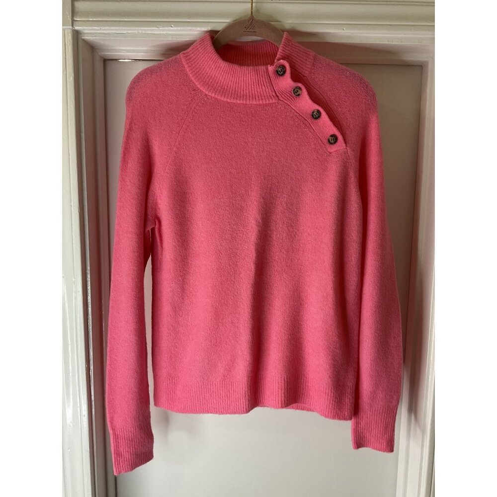 J. Crew Mock Turtle Neck Sweater Bubble Gum Pink Button Accent Size XS Preppy Ba